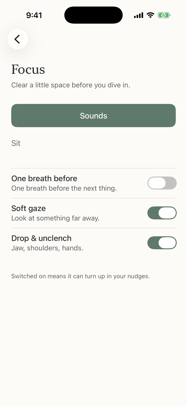 The Focus moment in Humble Habits, with its practices and a switch for each one