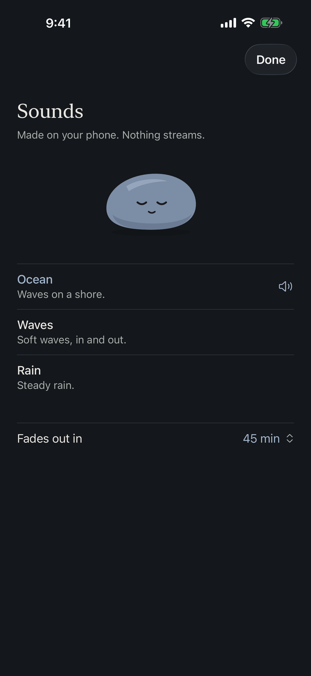 The Sounds screen in Humble Habits, at night, offering Ocean, Waves and Rain with a fade-out timer