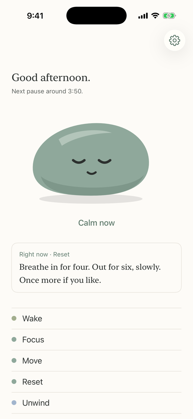 The Humble Habits Today screen: a greeting, the next pause time, the pebble, and a practice for right now