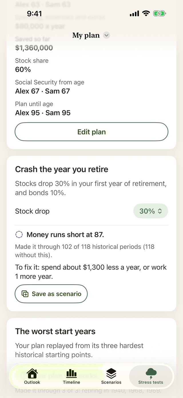 The crash stress test in Humble Nest Egg: money runs short at 87, and the fix is to spend about $1,300 less a year or work one more year