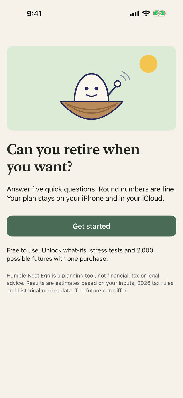 The Humble Nest Egg welcome screen: Nestor waving from his nest, and “Can you retire when you want?”