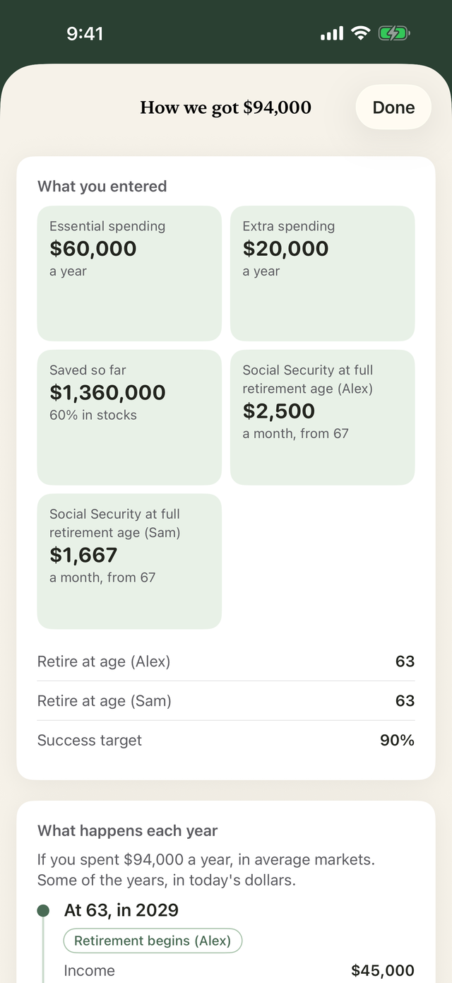 A Why? sheet in Humble Nest Egg titled “How we got $94,000,” showing what was entered and what happens each year