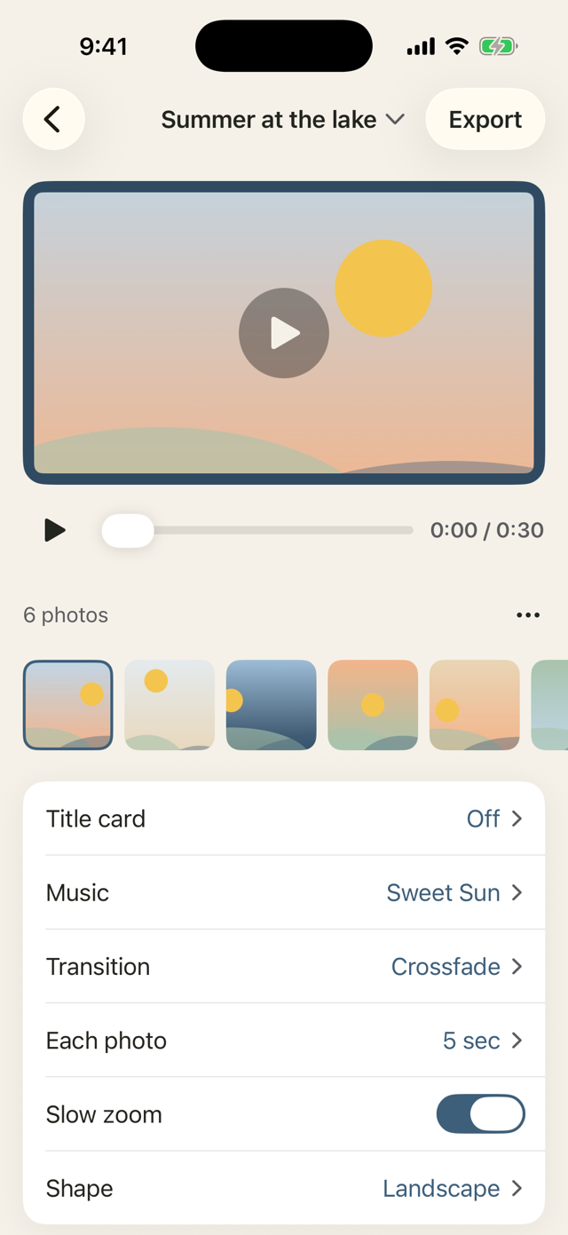 The Humble Video editor: a preview of the slideshow, a strip of six photos, and settings for title card, music, transition, time per photo, slow zoom and shape
