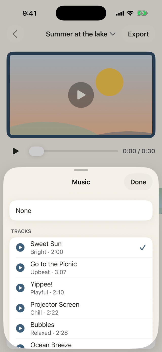 The Music sheet in Humble Video: None, then tracks such as Sweet Sun, Go to the Picnic and Projector Screen, each with a mood, a length and a play button