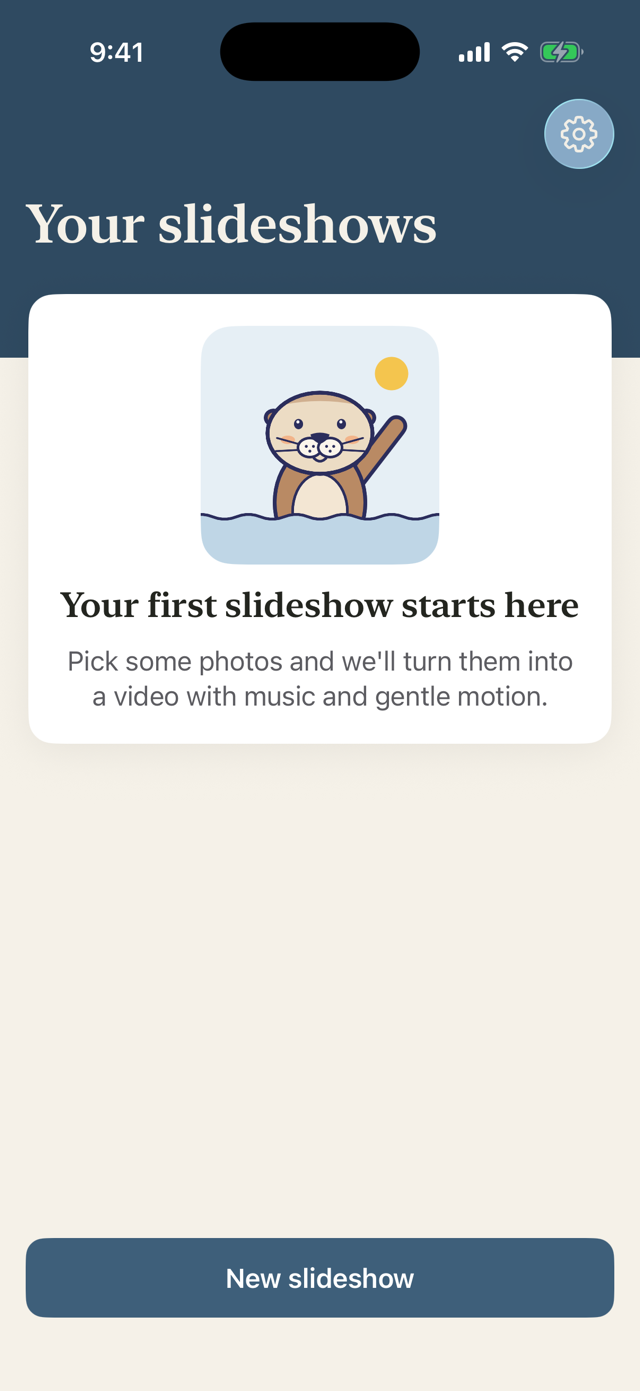 The Humble Video welcome screen: Otis waving from the water, “Your first slideshow starts here,” and a New slideshow button